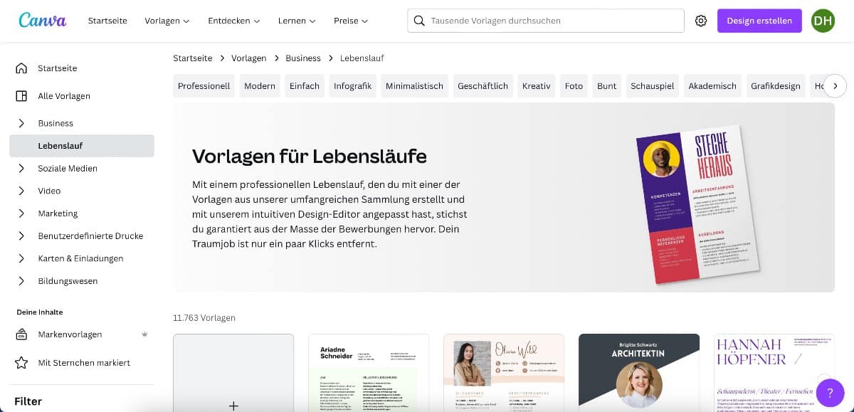 Mit Canva kostenlos einen Lebenslauf erstellen